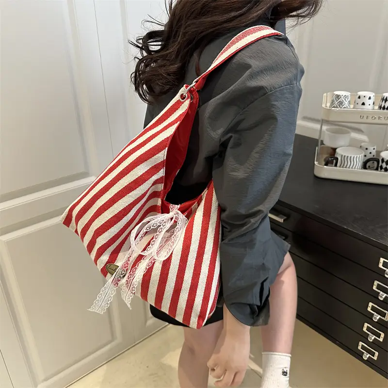 Women Red White Striped Lace Bow Tote Bag - Image 4