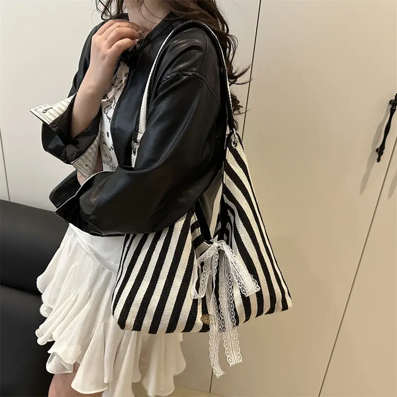 Women Red White Striped Lace Bow Tote Bag - Image 6