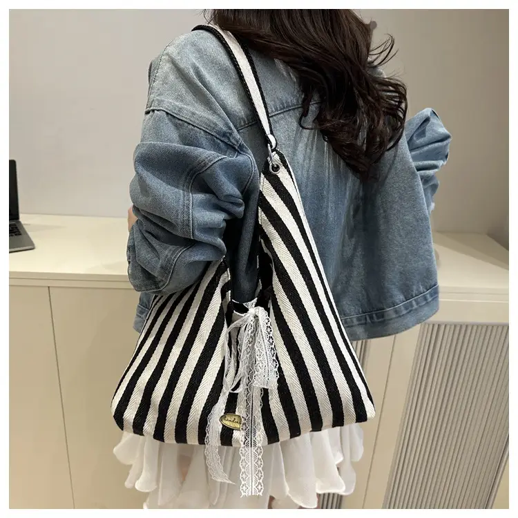 Women Red White Striped Lace Bow Tote Bag — feature 13