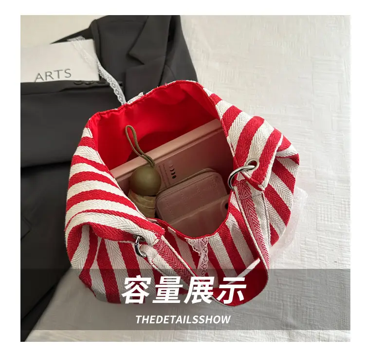 Women Red White Striped Lace Bow Tote Bag — feature 6