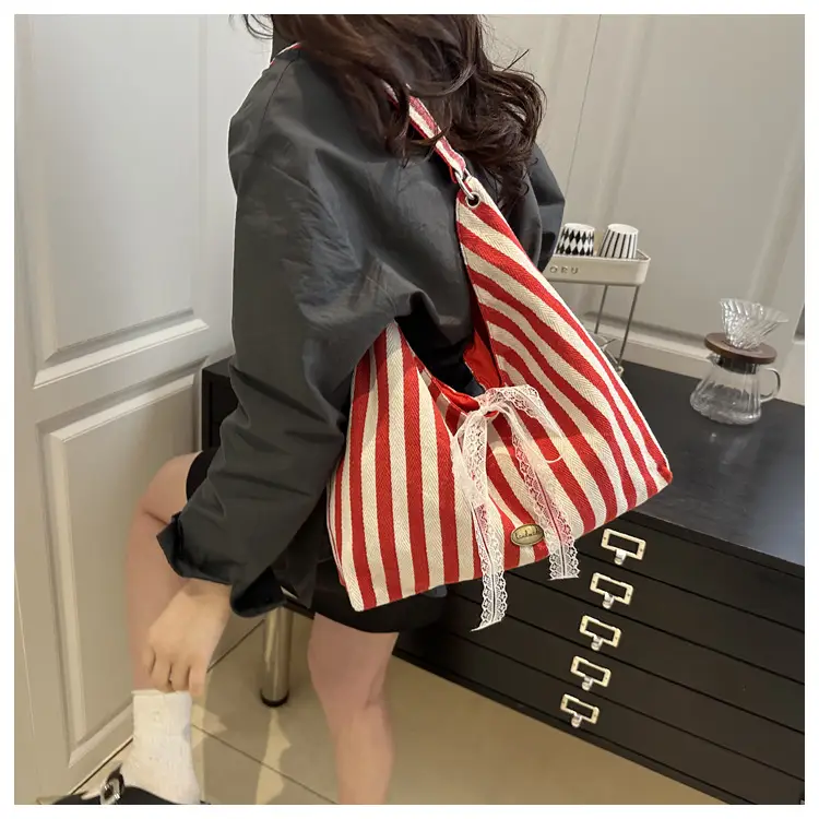 Women Red White Striped Lace Bow Tote Bag — feature 9