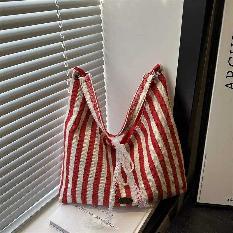 Women Red White Striped Lace Bow Tote Bag - Image 2