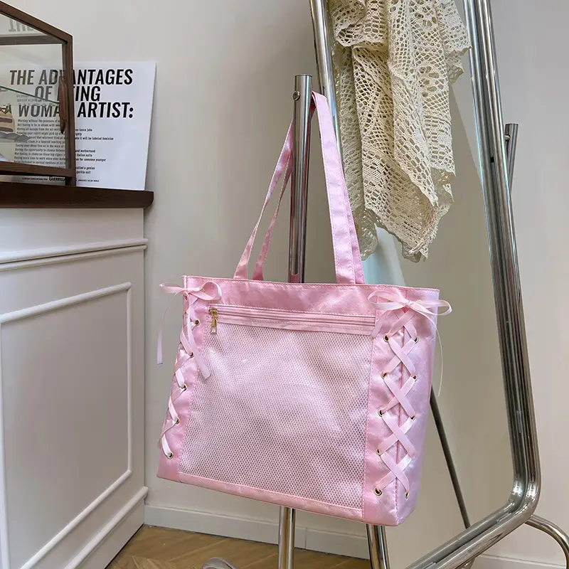 Pink Bow Tie Shoulder Tote Bag Large Capacity Daily Commute - Image 6