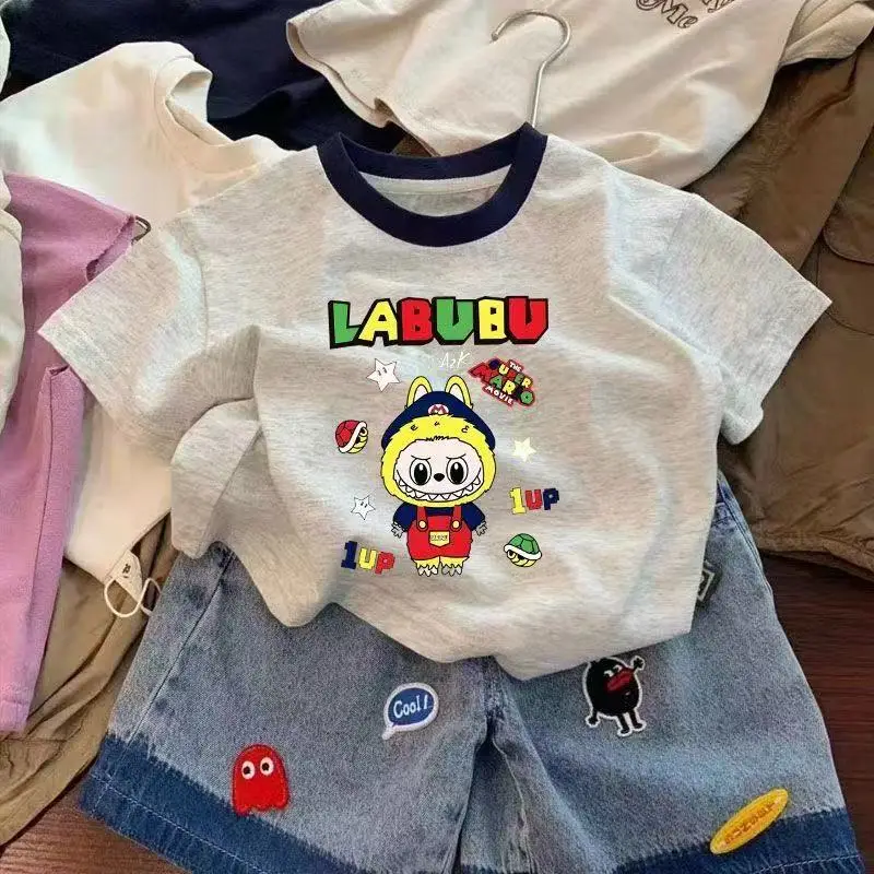 New Summer T-Shirt for Kids Labubu Cartoon Bottoming Style 100 Cotton
