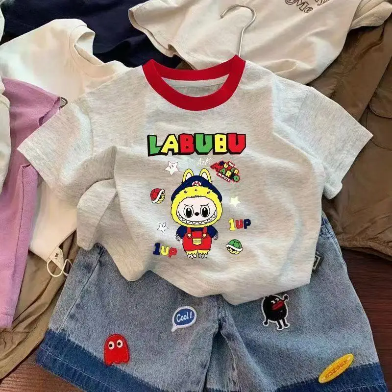 New Summer T-Shirt for Kids Labubu Cartoon Bottoming Style 100 Cotton