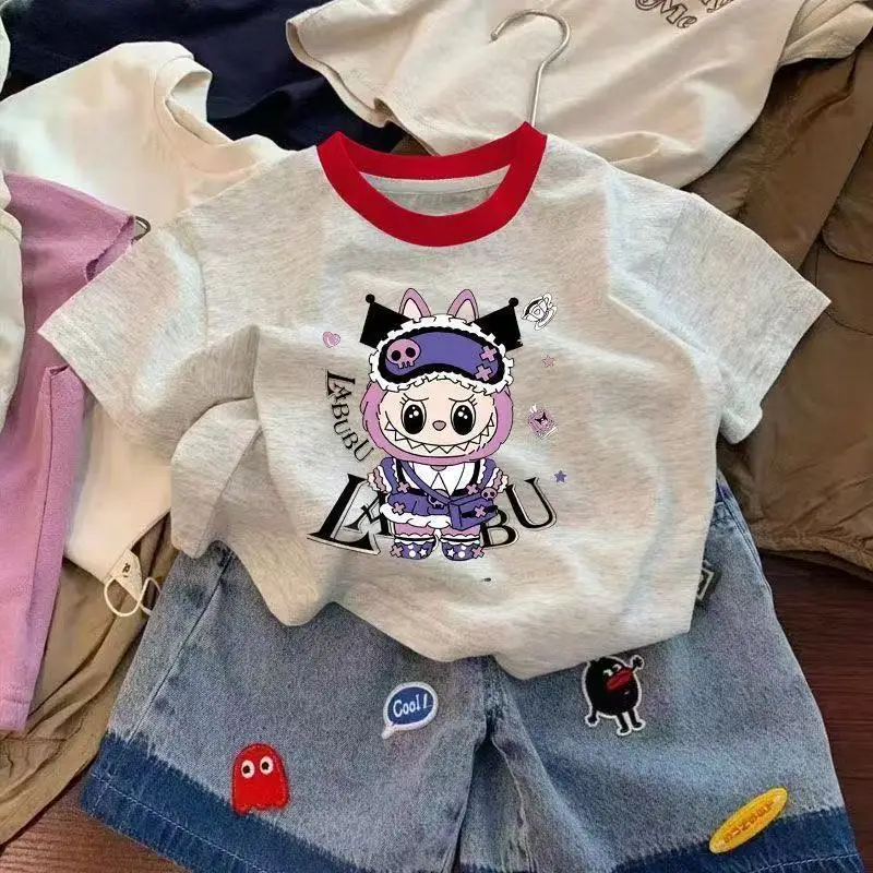 New Summer T-Shirt for Kids Labubu Cartoon Bottoming Style 100 Cotton