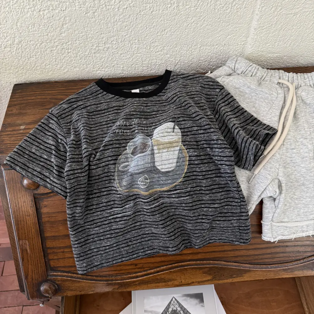 Girls Grey Striped T-Shirt with Graphic Print - Image 3