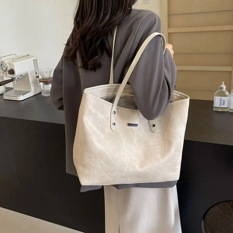 Women's Beige Large Capacity Shoulder Tote Bag 2025