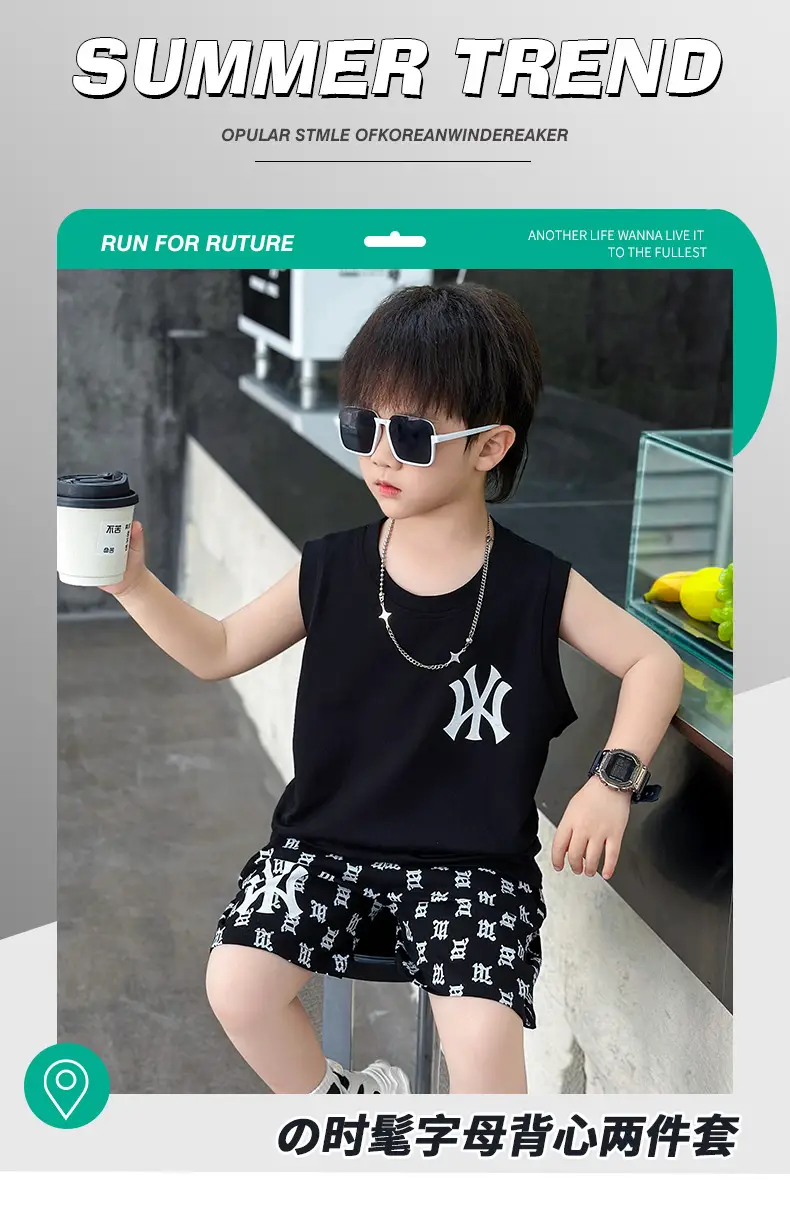 Boys Summer Vest Sleeveless White Black Korean Style — feature 1