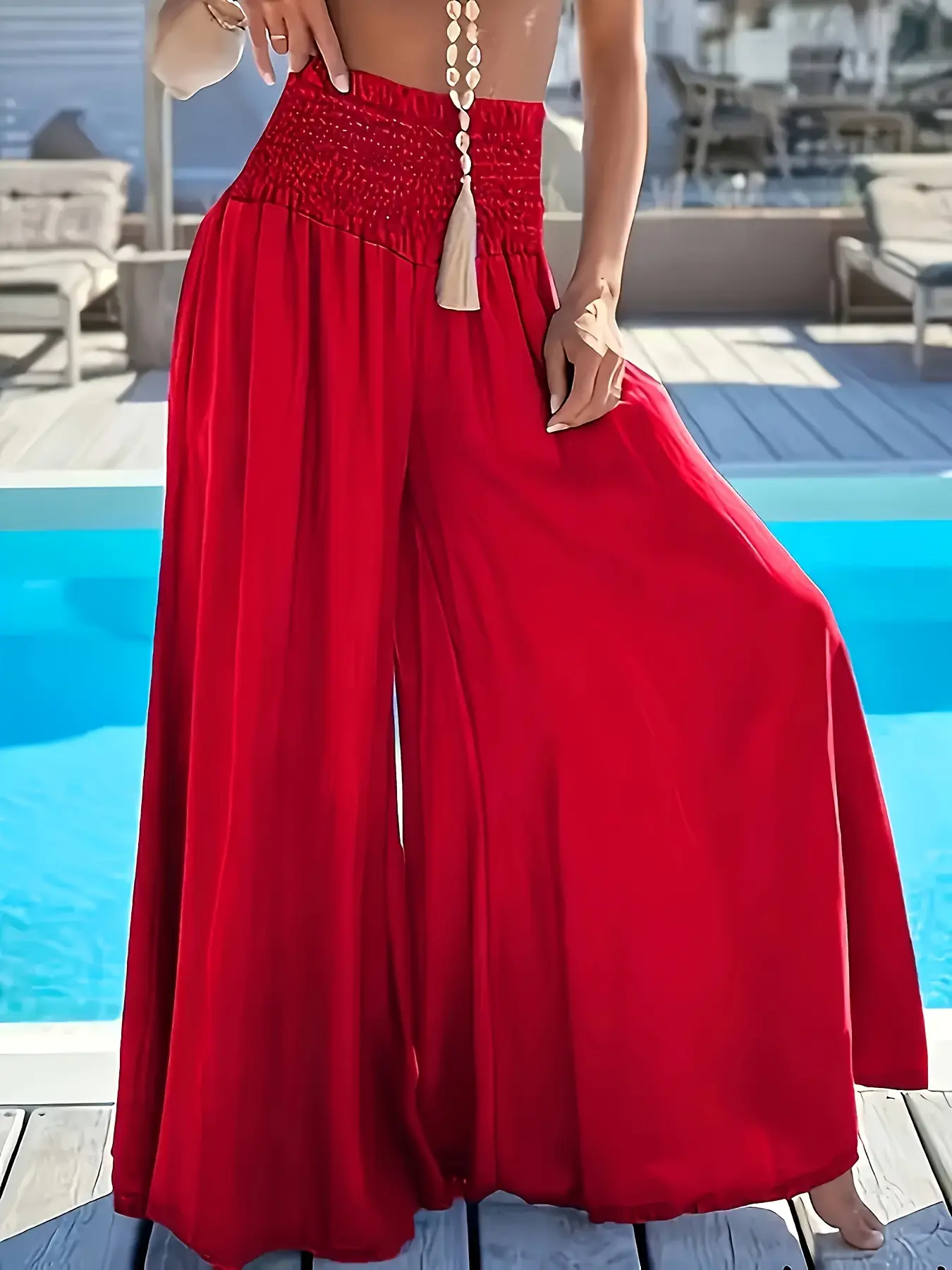 Red High Waist Ice Silk Wide Leg Pants for Women - Image 5