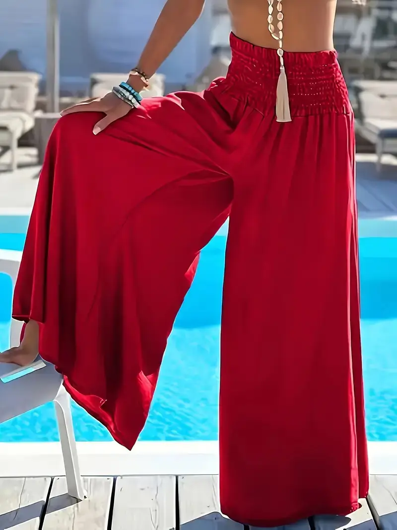 Red High Waist Ice Silk Wide Leg Pants for Women — feature 12