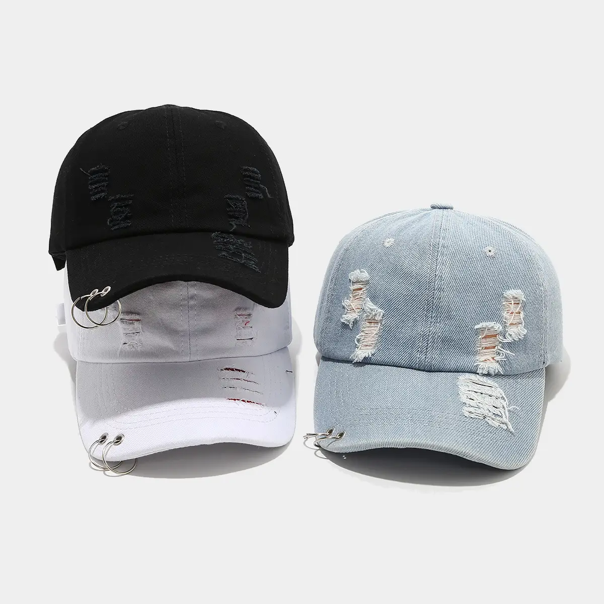 Women Denim Ripped Baseball Cap with Iron Rings - Image 5