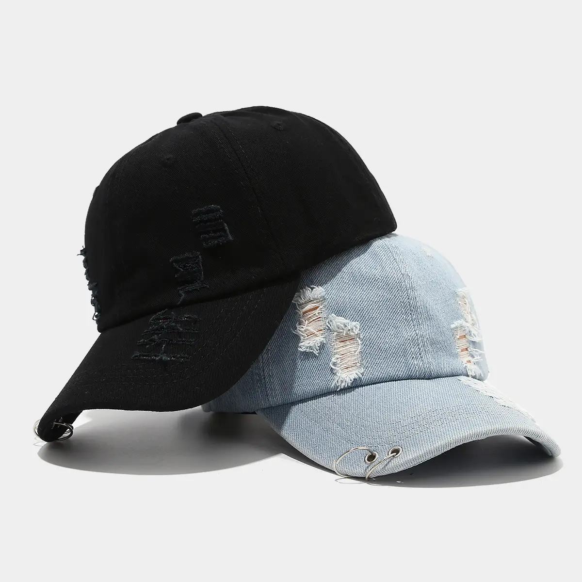 Women Denim Ripped Baseball Cap with Iron Rings - Image 6