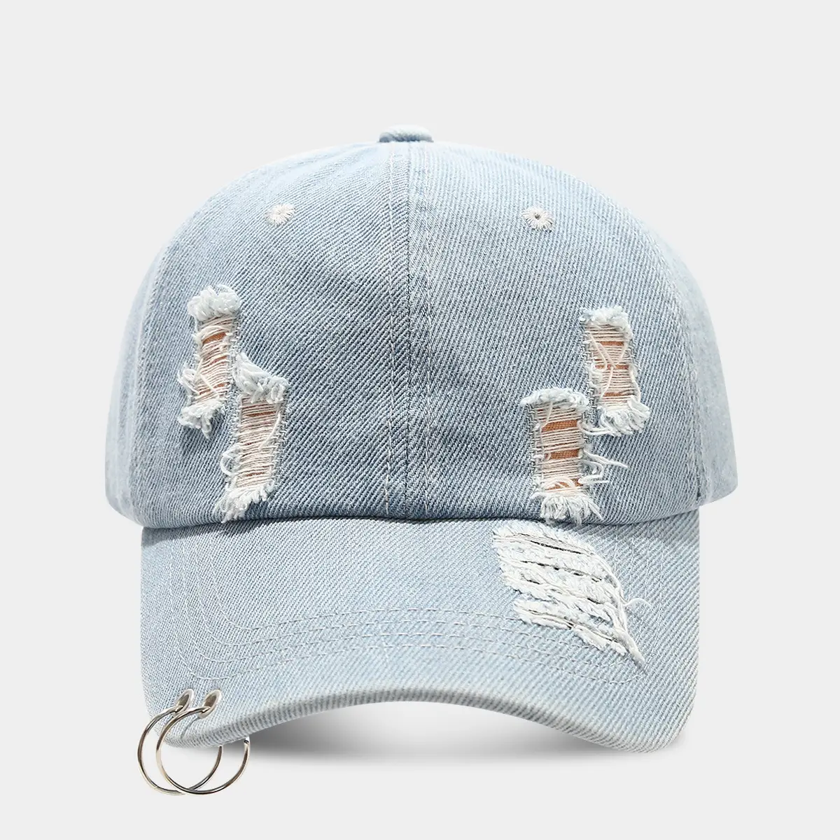 Women Denim Ripped Baseball Cap with Iron Rings - Image 7