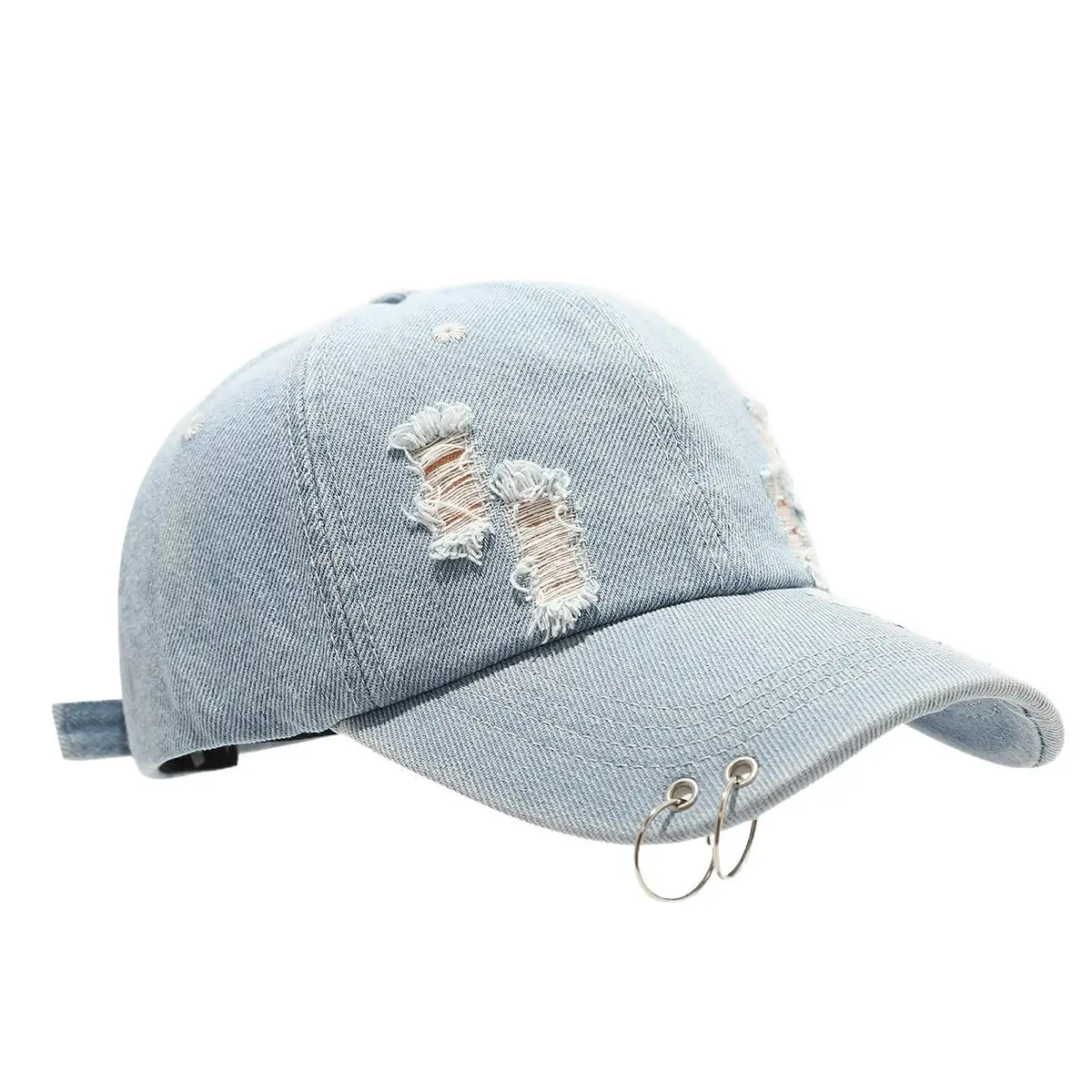 Women Denim Ripped Baseball Cap with Iron Rings - Image 8