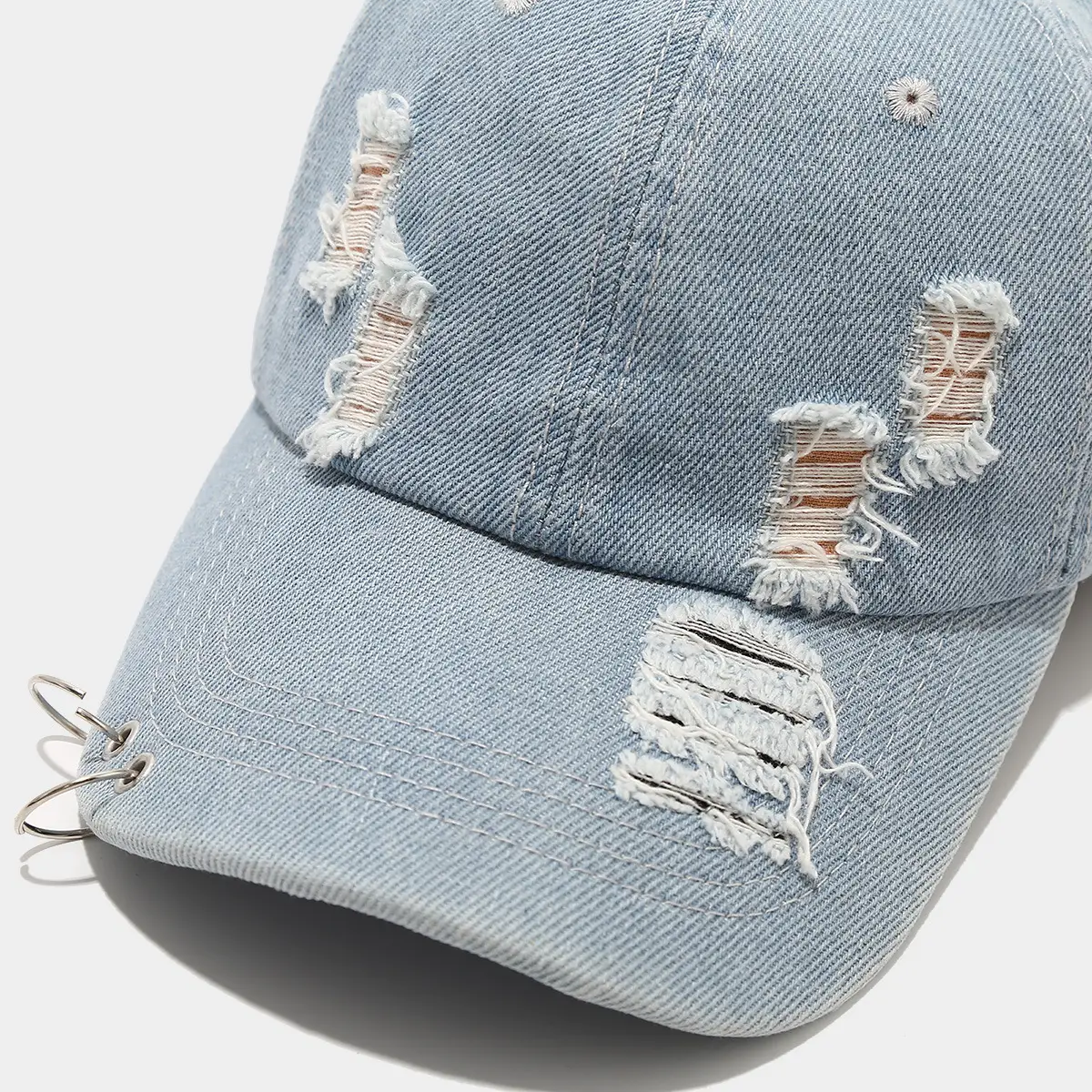 Women Denim Ripped Baseball Cap with Iron Rings — feature 8