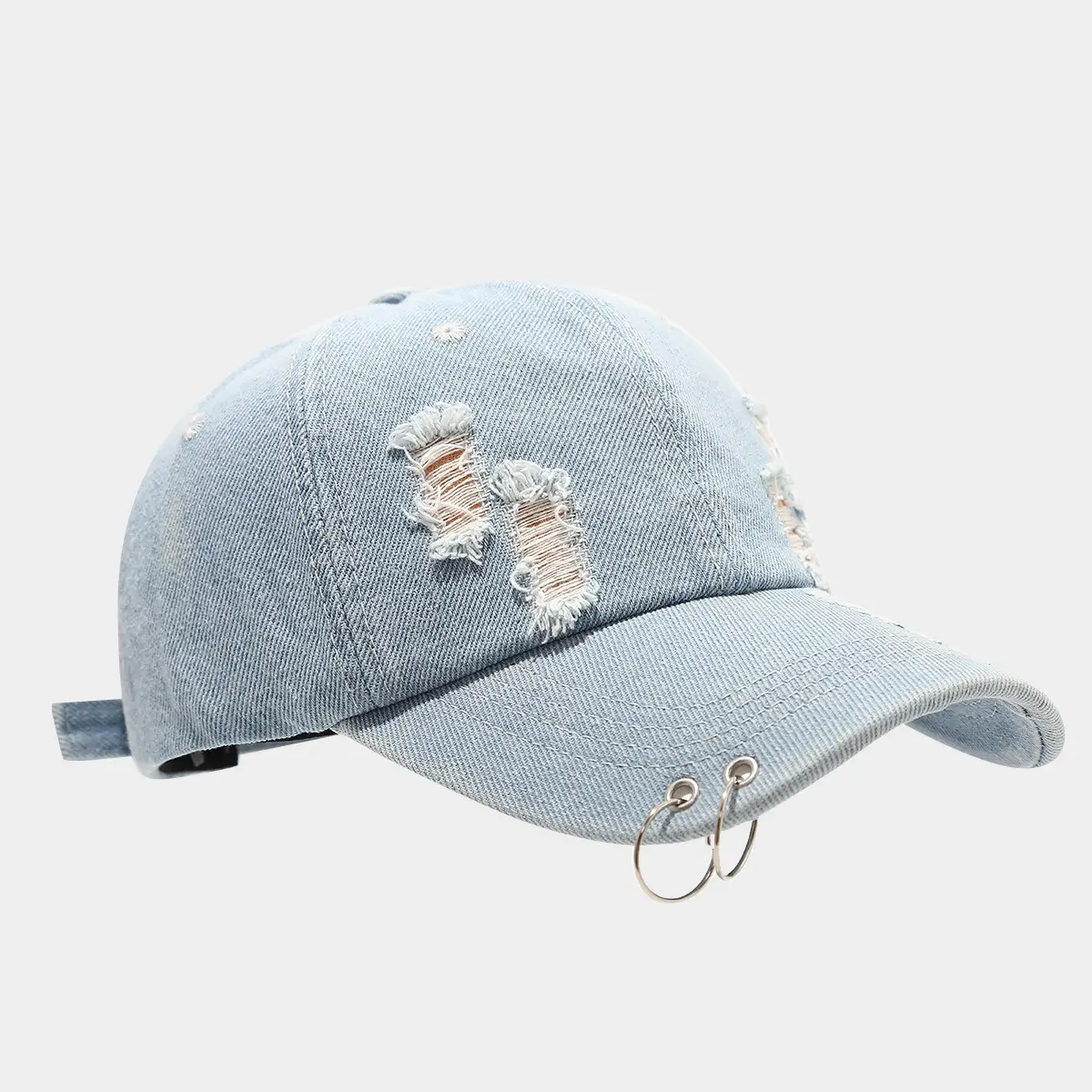 Women Denim Ripped Baseball Cap with Iron Rings - Image 3