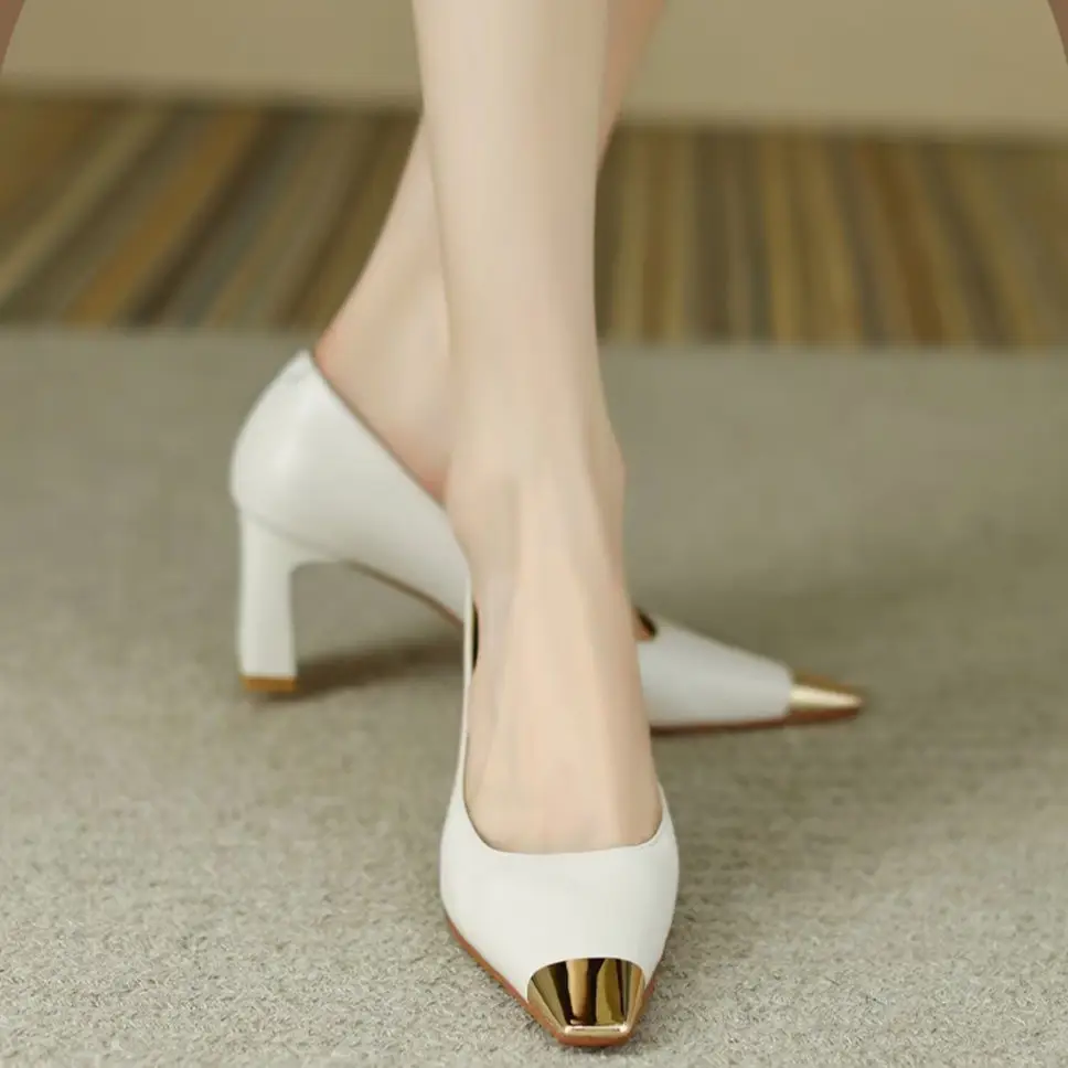 French High Heels Women's Stiletto Heel Design Sense Metal Head Square Head Professional Temperament Socialite Shallow Mouth Goddess Thick Heel Single Shoes - Image 3