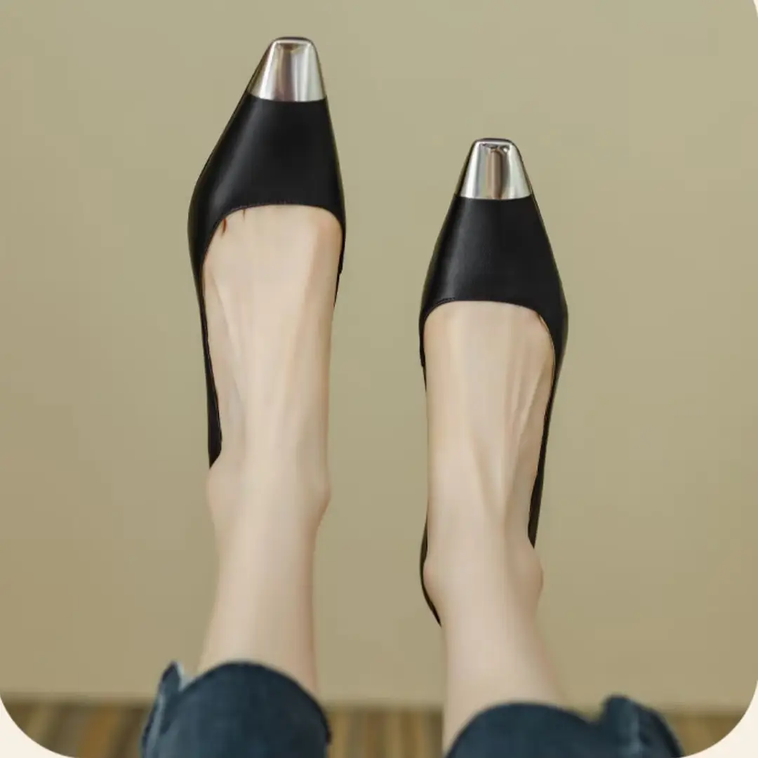 French High Heels Women's Stiletto Heel Design Sense Metal Head Square Head Professional Temperament Socialite Shallow Mouth Goddess Thick Heel Single Shoes - Image 4