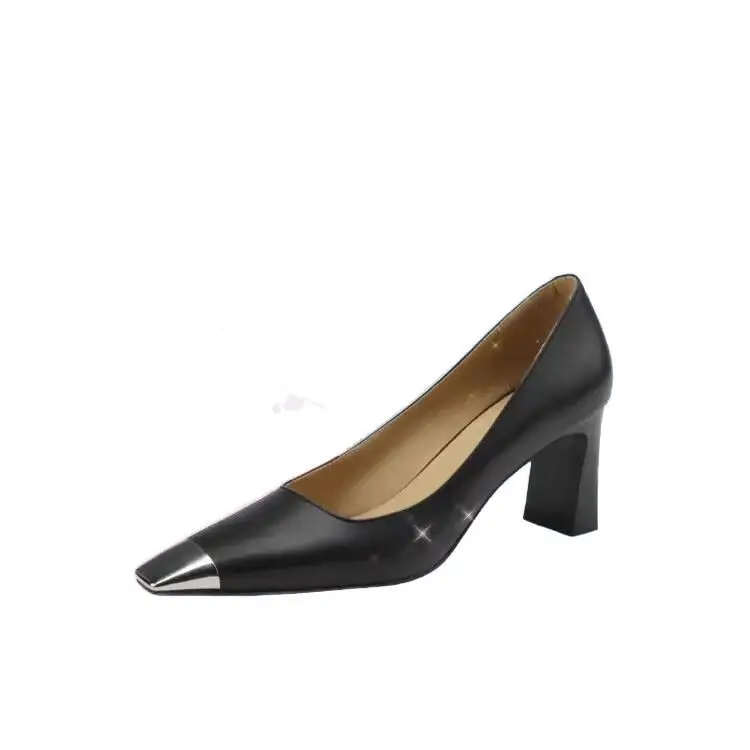 French High Heels Women's Stiletto Heel Design Sense Metal Head Square Head Professional Temperament Socialite Shallow Mouth Goddess Thick Heel Single Shoes - Image 5