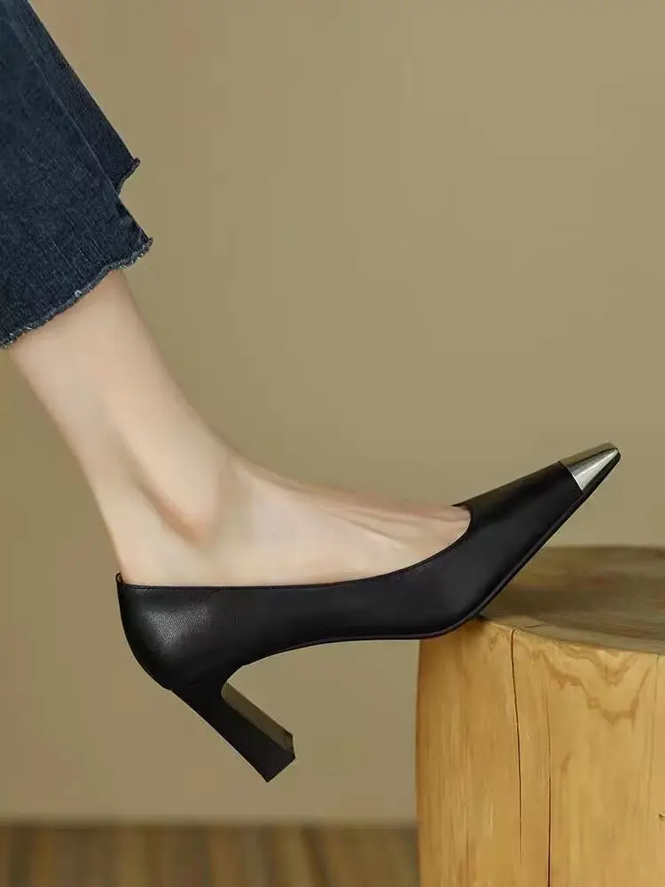 French High Heels Women's Stiletto Heel Design Sense Metal Head Square Head Professional Temperament Socialite Shallow Mouth Goddess Thick Heel Single Shoes — feature 10