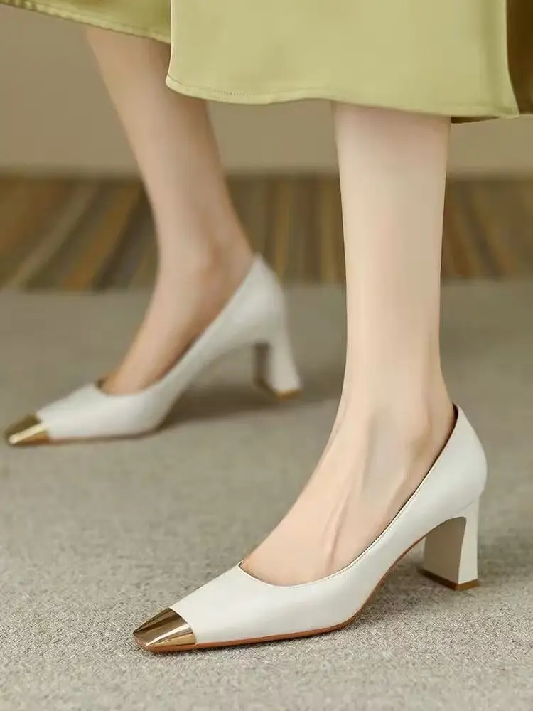French High Heels Women's Stiletto Heel Design Sense Metal Head Square Head Professional Temperament Socialite Shallow Mouth Goddess Thick Heel Single Shoes — feature 3