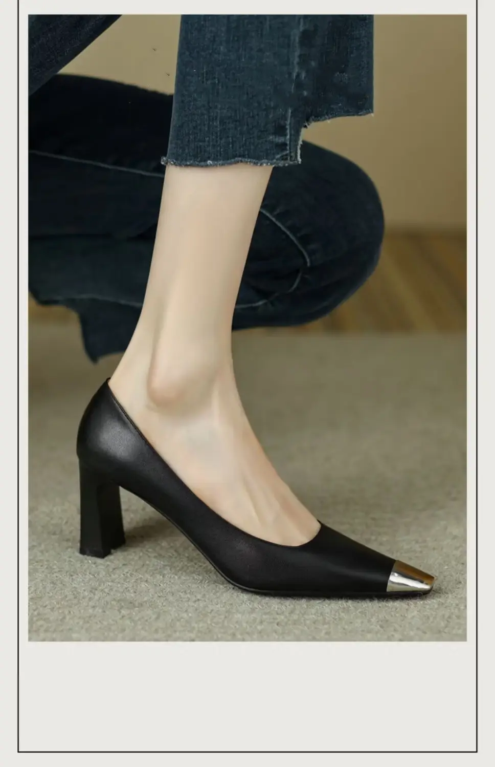 French High Heels Women's Stiletto Heel Design Sense Metal Head Square Head Professional Temperament Socialite Shallow Mouth Goddess Thick Heel Single Shoes — feature 8