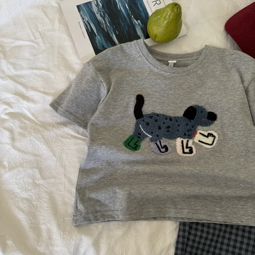 Girls Grey Puppy Embroidered T-Shirt 2025 Summer - Image 3