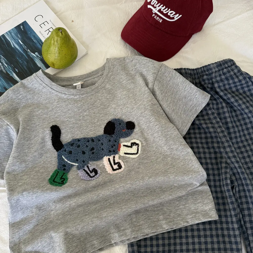 Girls Grey Puppy Embroidered T-Shirt 2025 Summer - Image 4