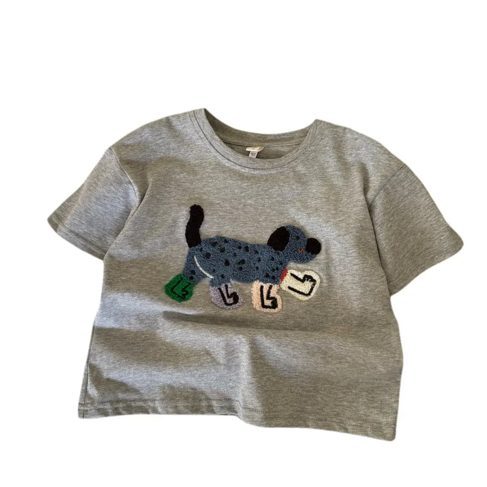 Girls Grey Puppy Embroidered T-Shirt 2025 Summer - Image 6