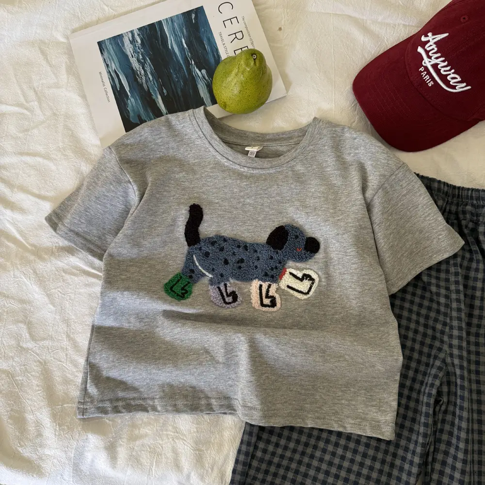 Girls Grey Puppy Embroidered T-Shirt 2025 Summer — feature 2