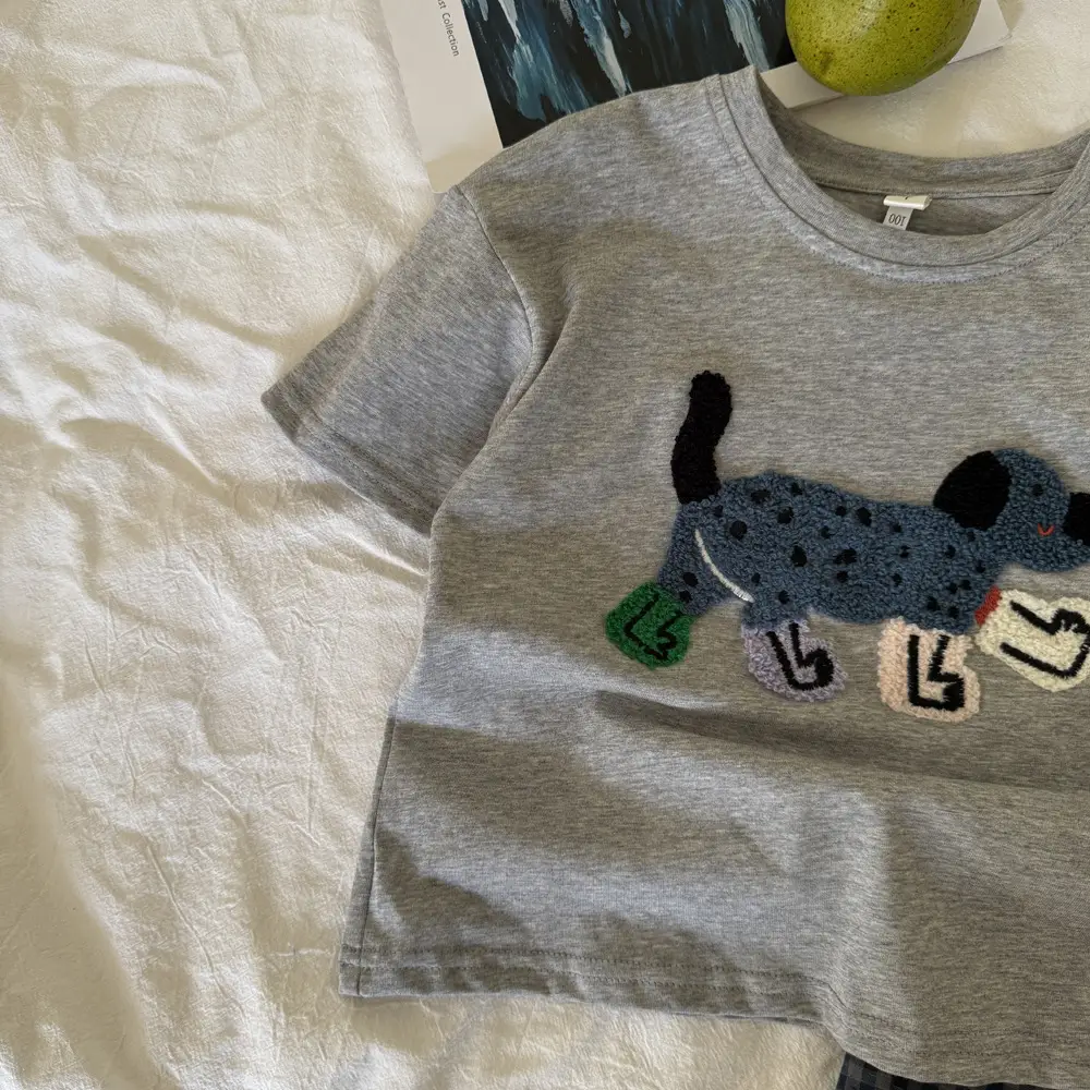 Girls Grey Puppy Embroidered T-Shirt 2025 Summer — feature 8