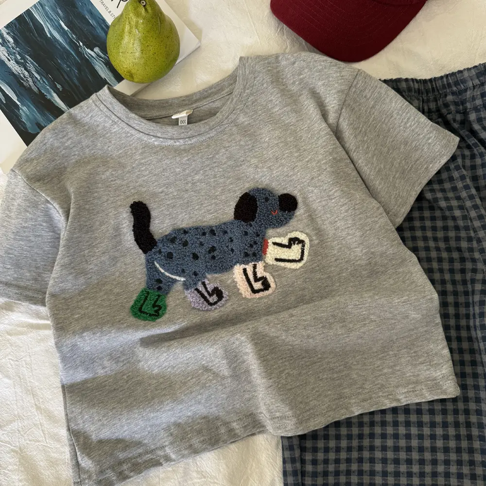 Girls Grey Puppy Embroidered T-Shirt 2025 Summer — feature 9
