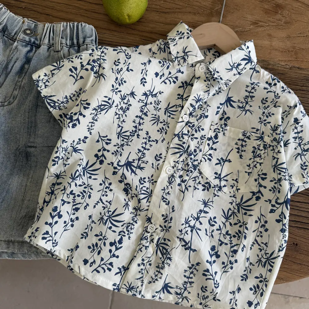 Boys Blue Floral Pure Cotton Short Sleeve T-Shirt - Image 4