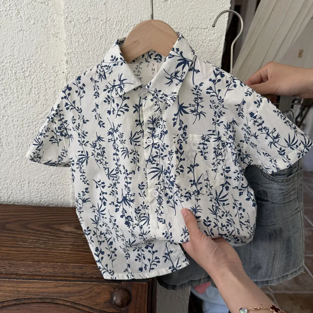 Boys Blue Floral Pure Cotton Short Sleeve T-Shirt — feature 2