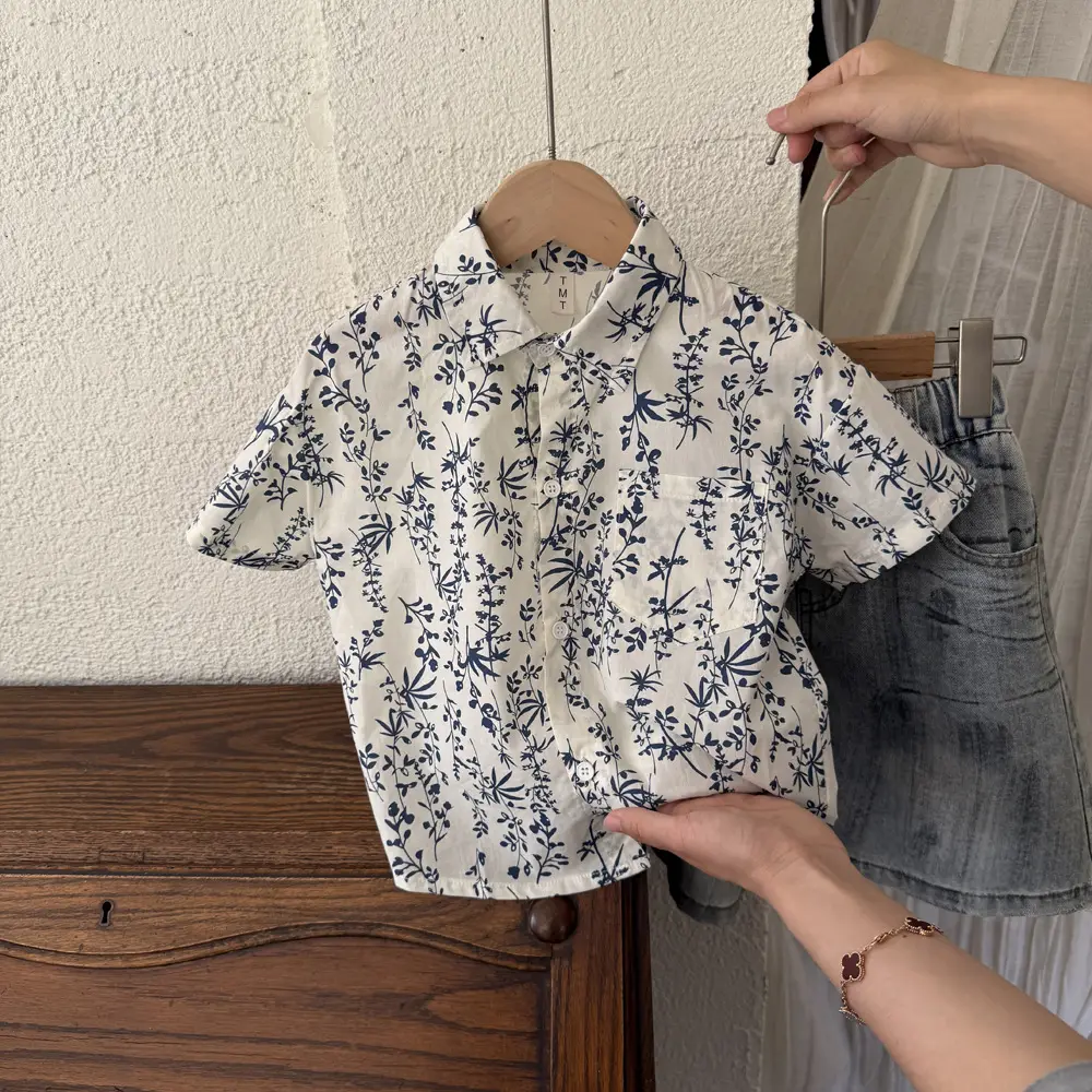 Boys Blue Floral Pure Cotton Short Sleeve T-Shirt — feature 3