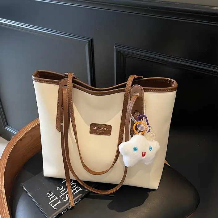 Women's Cream Brown Crossbody Tote Bag with Cute Charm - Image 5