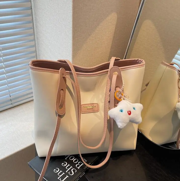 Women's Cream Brown Crossbody Tote Bag with Cute Charm - Image 6