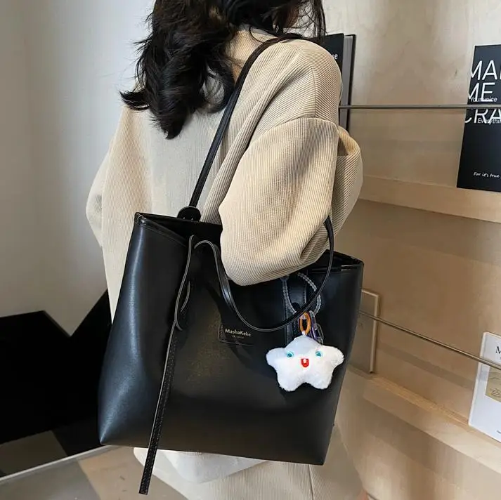 Women's Cream Brown Crossbody Tote Bag with Cute Charm - Image 7