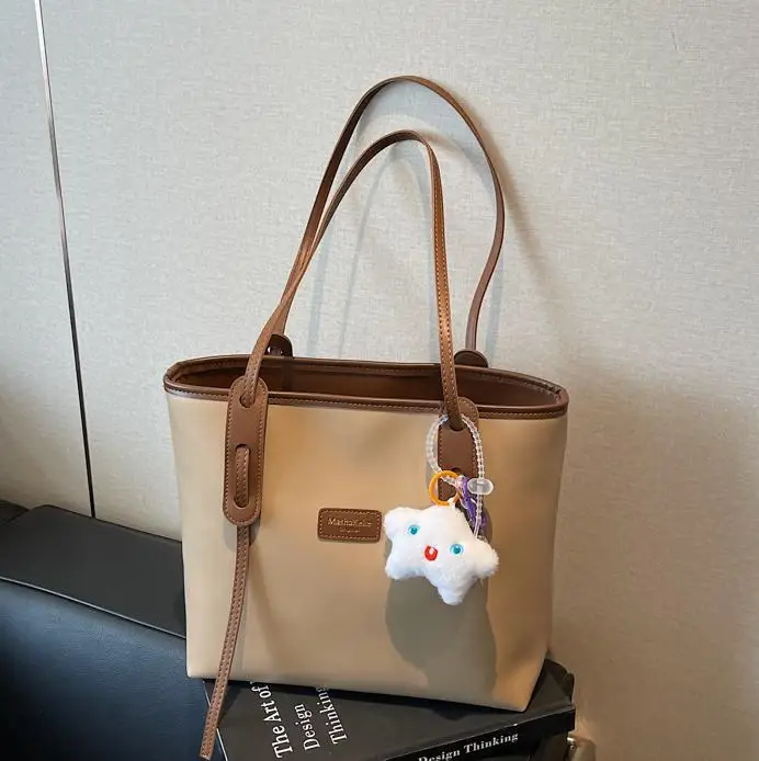 Women's Cream Brown Crossbody Tote Bag with Cute Charm - Image 8