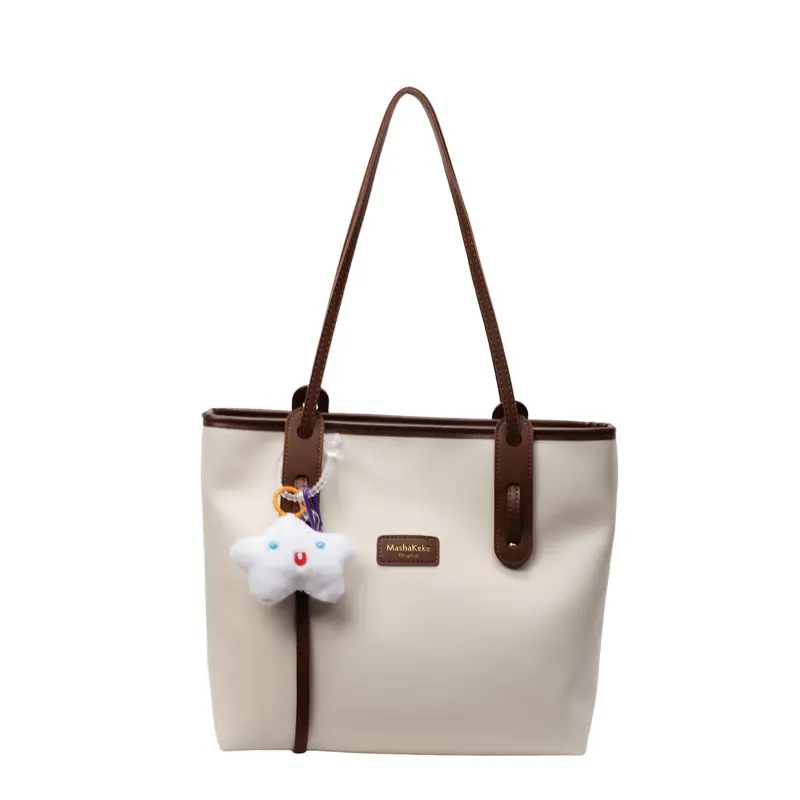 Women's Cream Brown Crossbody Tote Bag with Cute Charm - Image 9