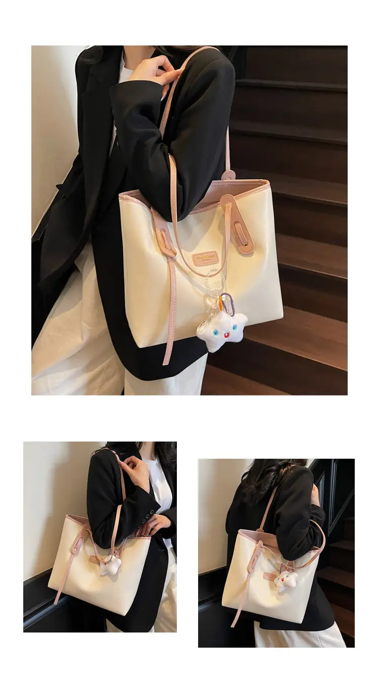 Women's Cream Brown Crossbody Tote Bag with Cute Charm — feature 12