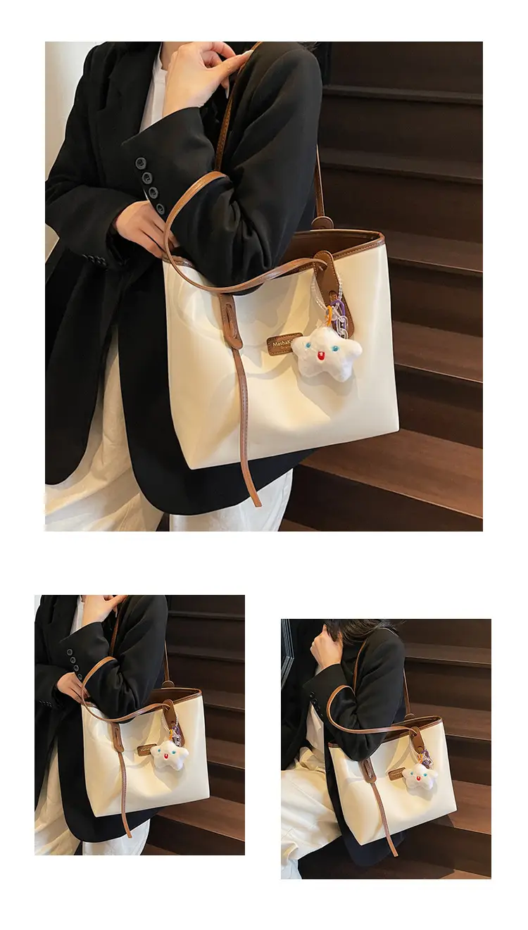 Women's Cream Brown Crossbody Tote Bag with Cute Charm — feature 13