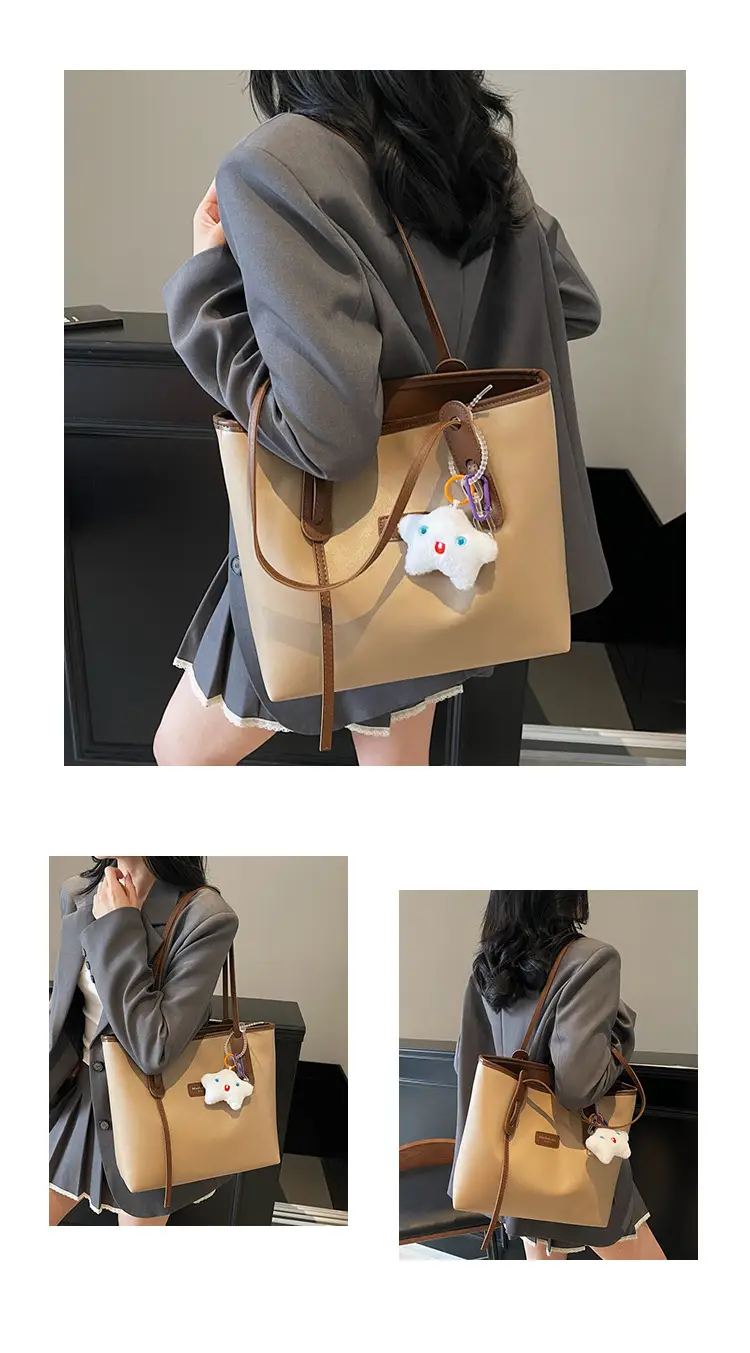 Women's Cream Brown Crossbody Tote Bag with Cute Charm — feature 14