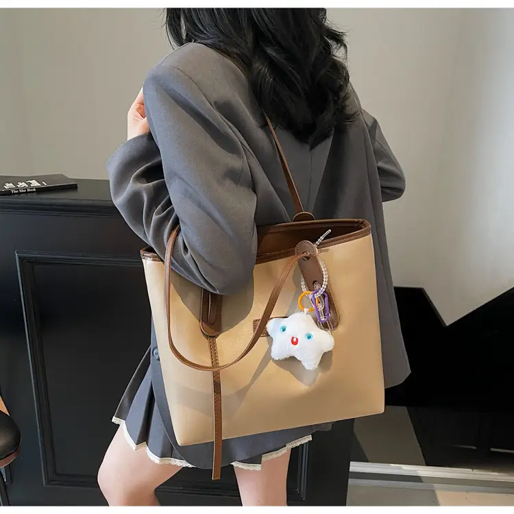 Women's Cream Brown Crossbody Tote Bag with Cute Charm — feature 26