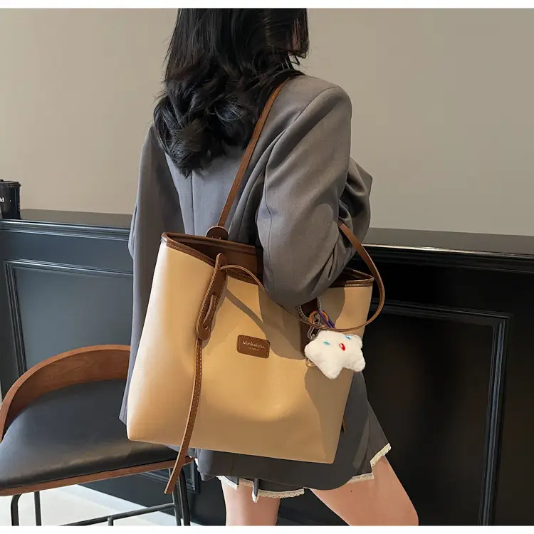 Women's Cream Brown Crossbody Tote Bag with Cute Charm — feature 27