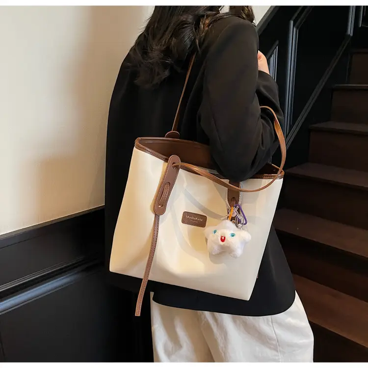 Women's Cream Brown Crossbody Tote Bag with Cute Charm — feature 28