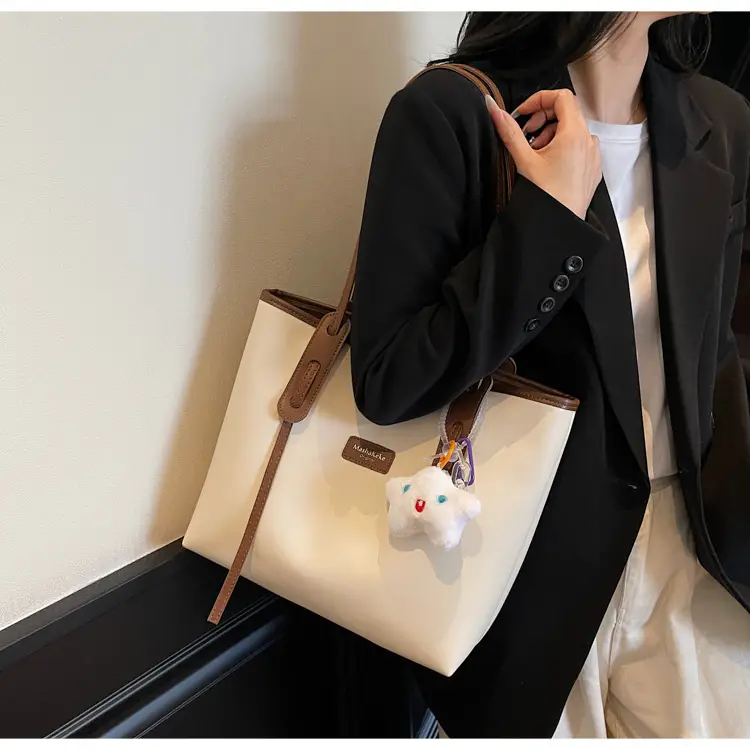 Women's Cream Brown Crossbody Tote Bag with Cute Charm — feature 29