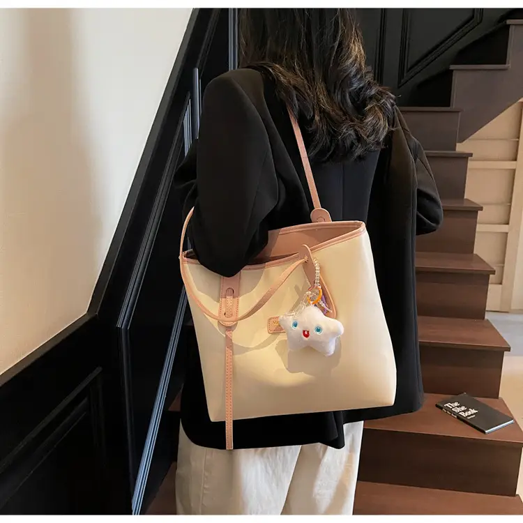Women's Cream Brown Crossbody Tote Bag with Cute Charm — feature 30
