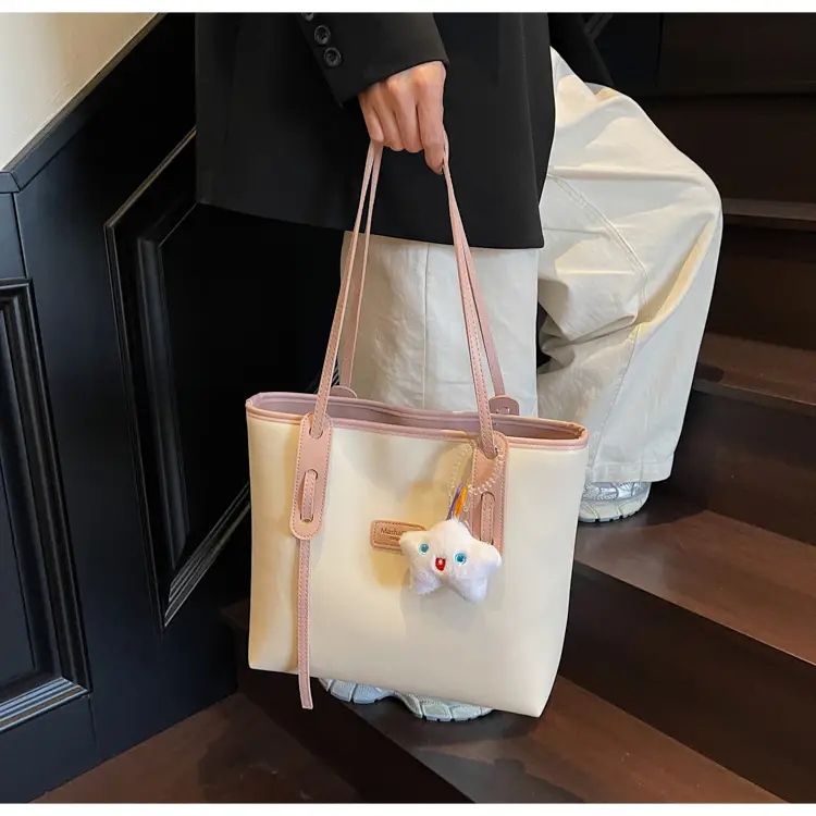 Women's Cream Brown Crossbody Tote Bag with Cute Charm — feature 31